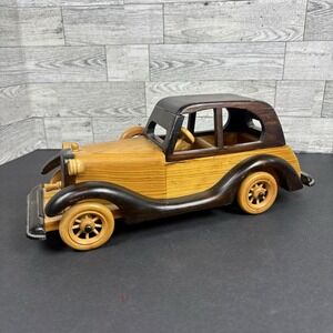 Vtg Wooden Model Car Antique Style Classic Two Tone Man Cave Hipster Wood 11.25"